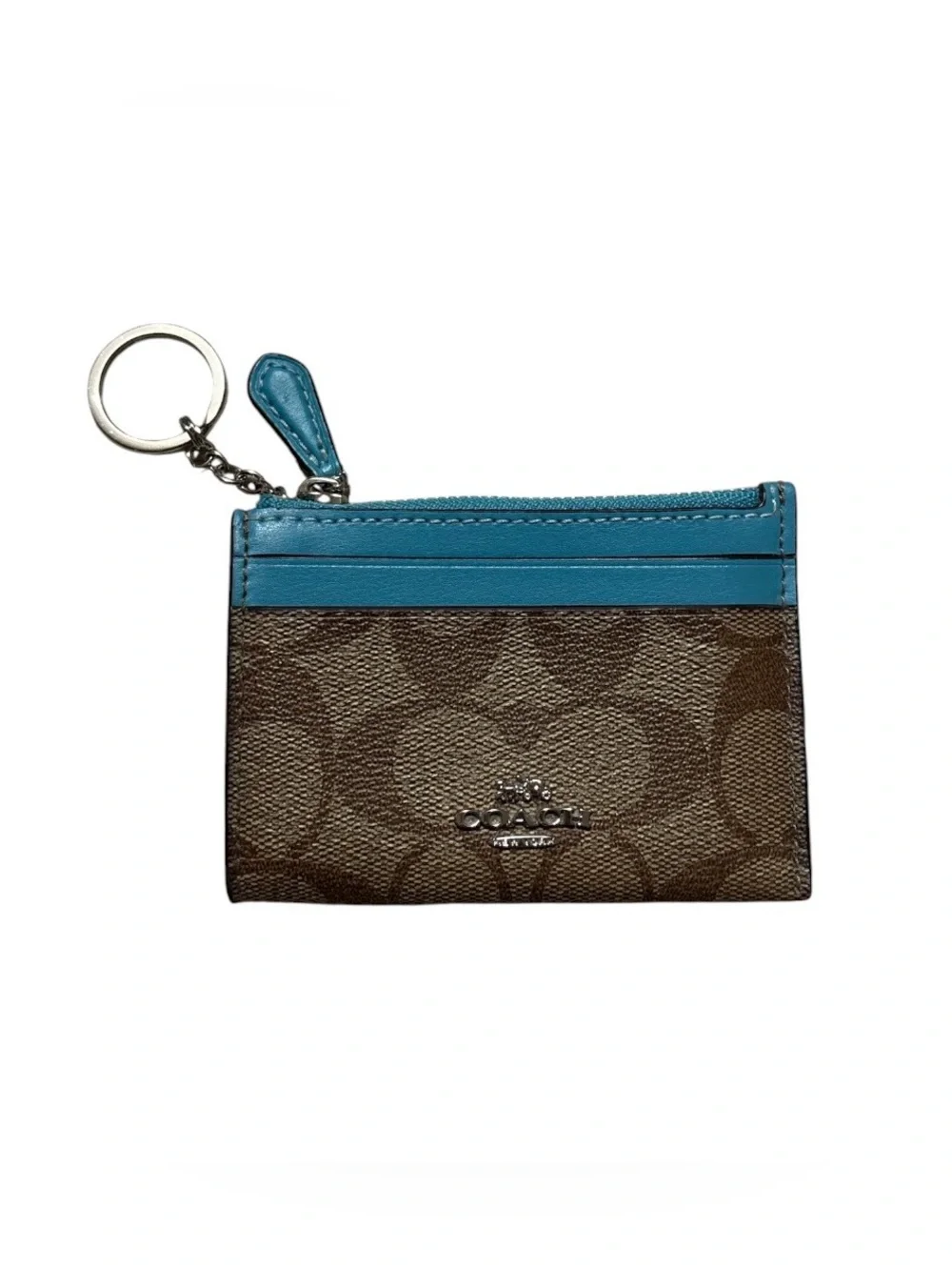 Coach Brown Signature Canvas Card Case with Teal Trim and Key Ring